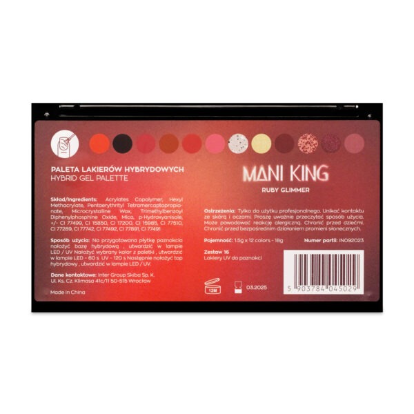 MANI KING Paleta z 12 lakierami hybrydowymi Ruby Glimmer Zestaw 16 - obrazek 3