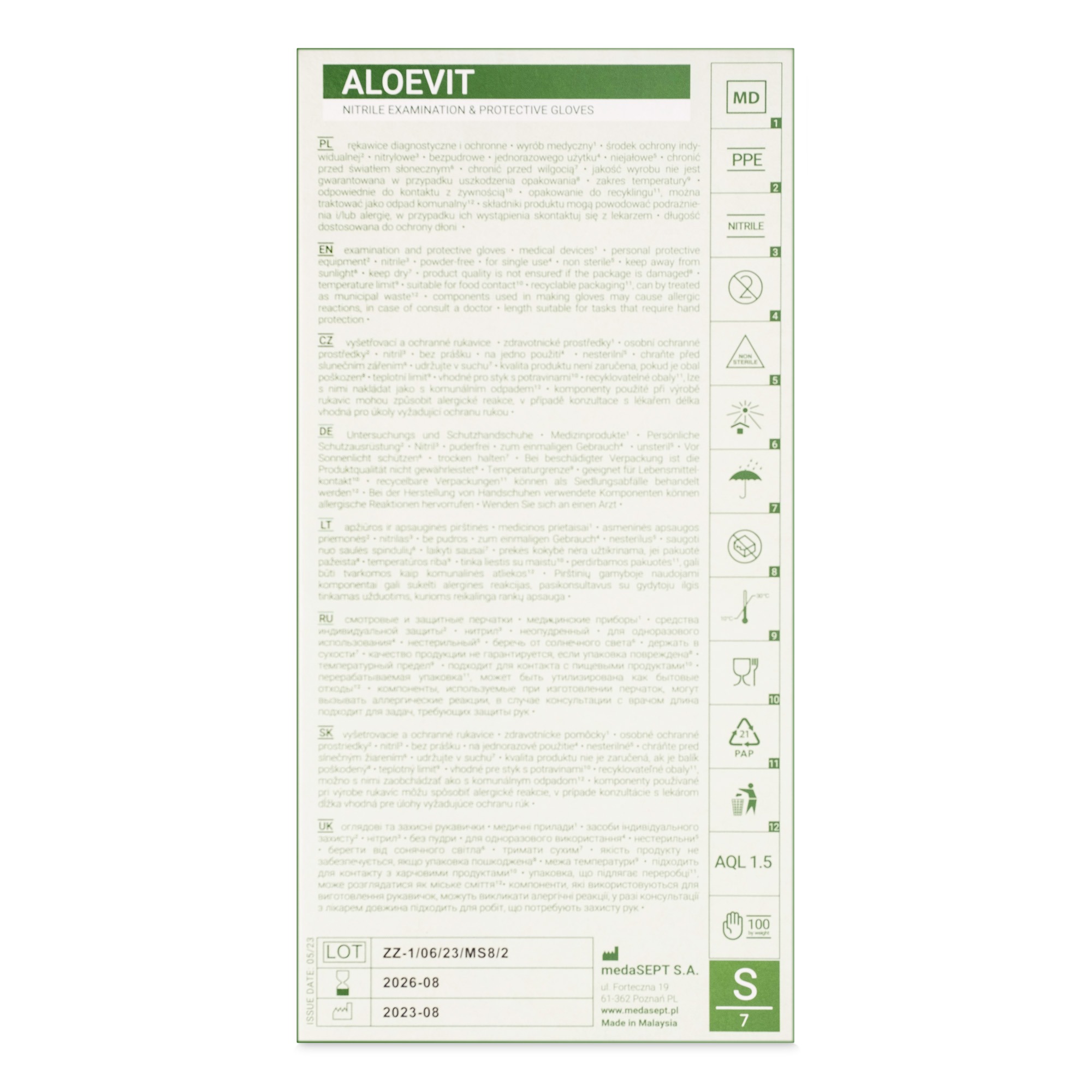 medaSEPT NITRILE ALOEVIT Zielone Rękawiczki diagnostyczne, nitrylowe bezpudrowe – Kat. III rozmiar S 100szt