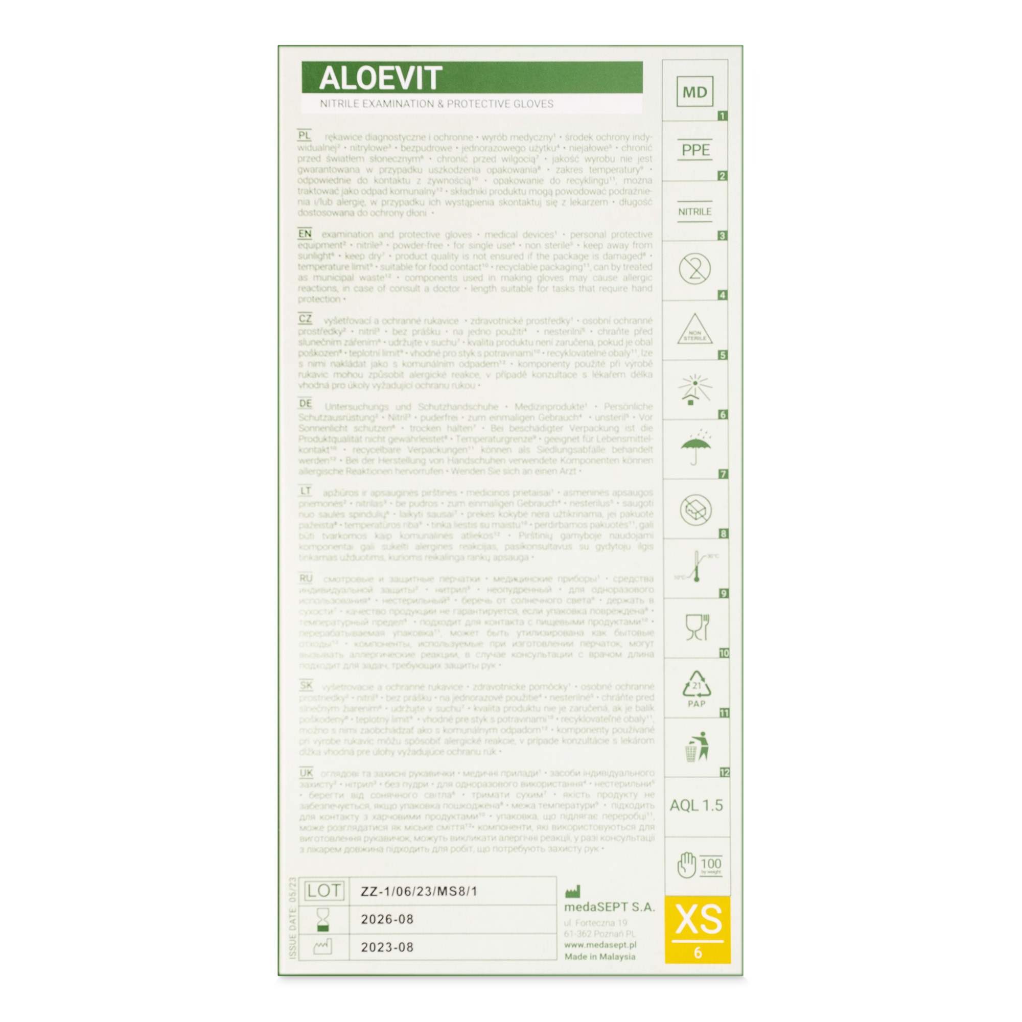 medaSEPT NITRILE ALOEVIT Zielone Rękawiczki diagnostyczne, nitrylowe bezpudrowe – Kat. III rozmiar XS 100szt