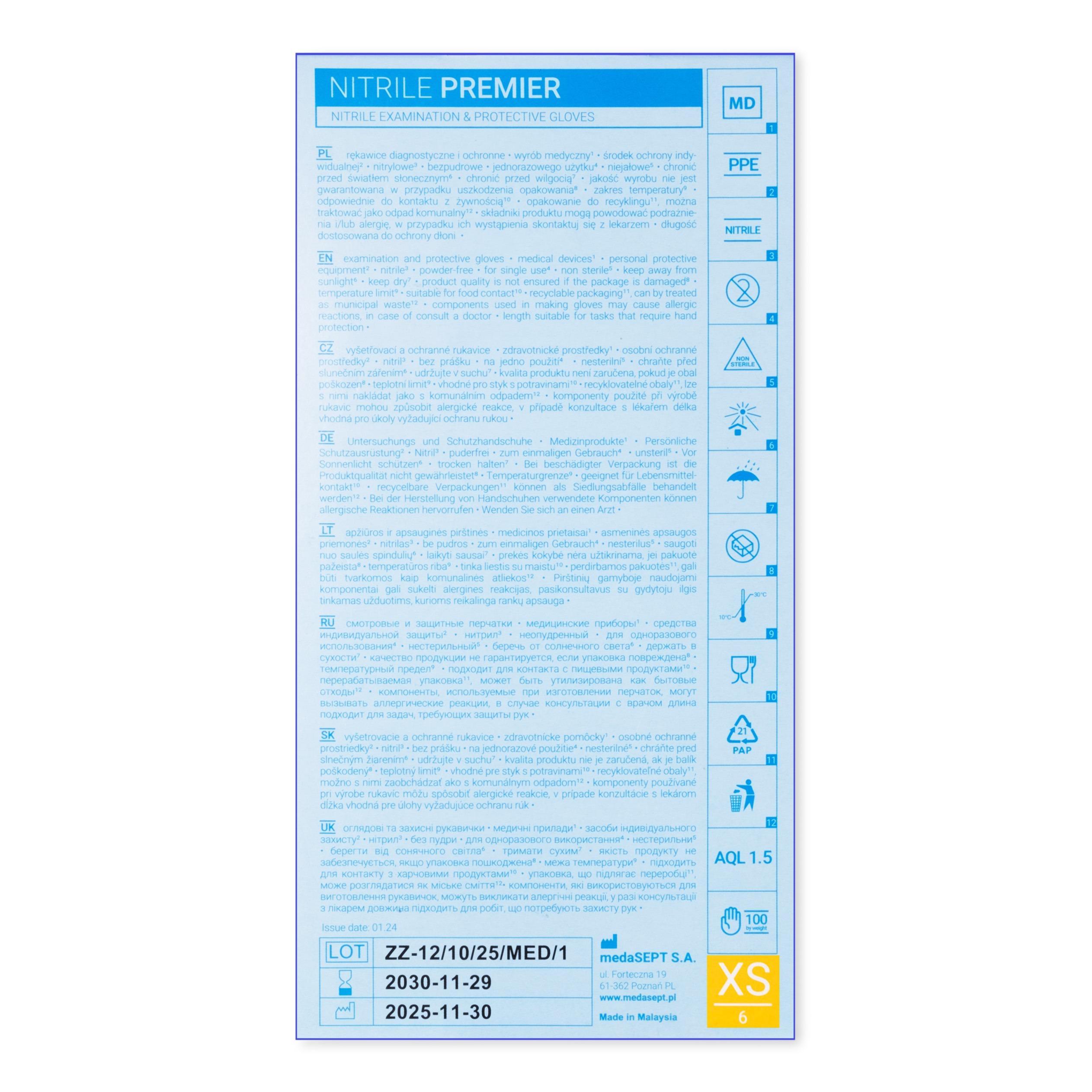 medaSEPT NITRILE PREMIER XS rękawice diagnostyczne, nitrylowe bezpudrowe, niebieskie 100 szt - obrazek 4