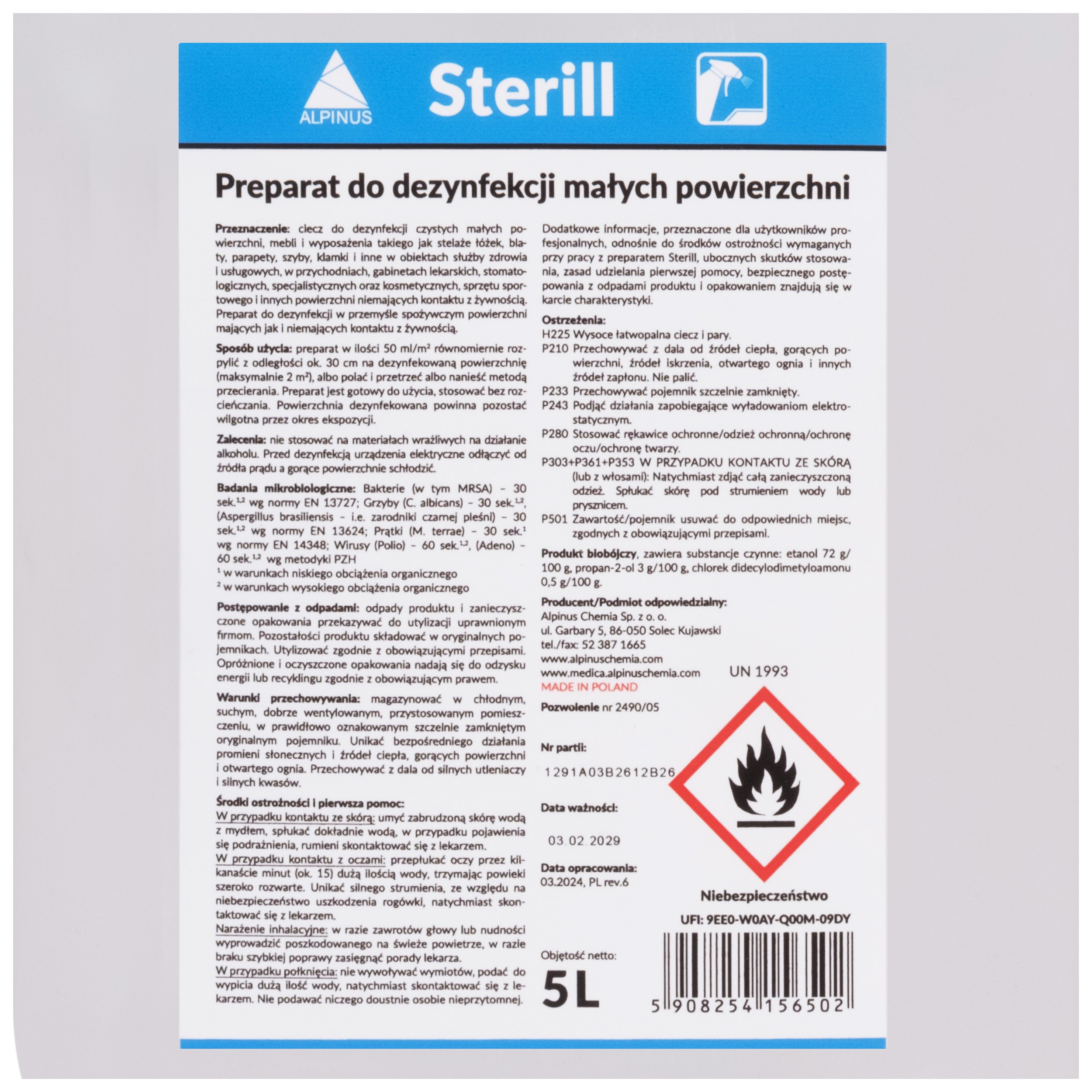 Alpinus Medica Sterill 5L Przeznaczony do dezynfekcji małych, trudno dostępnych powierzchni i sprzętu medycznego - obrazek 2