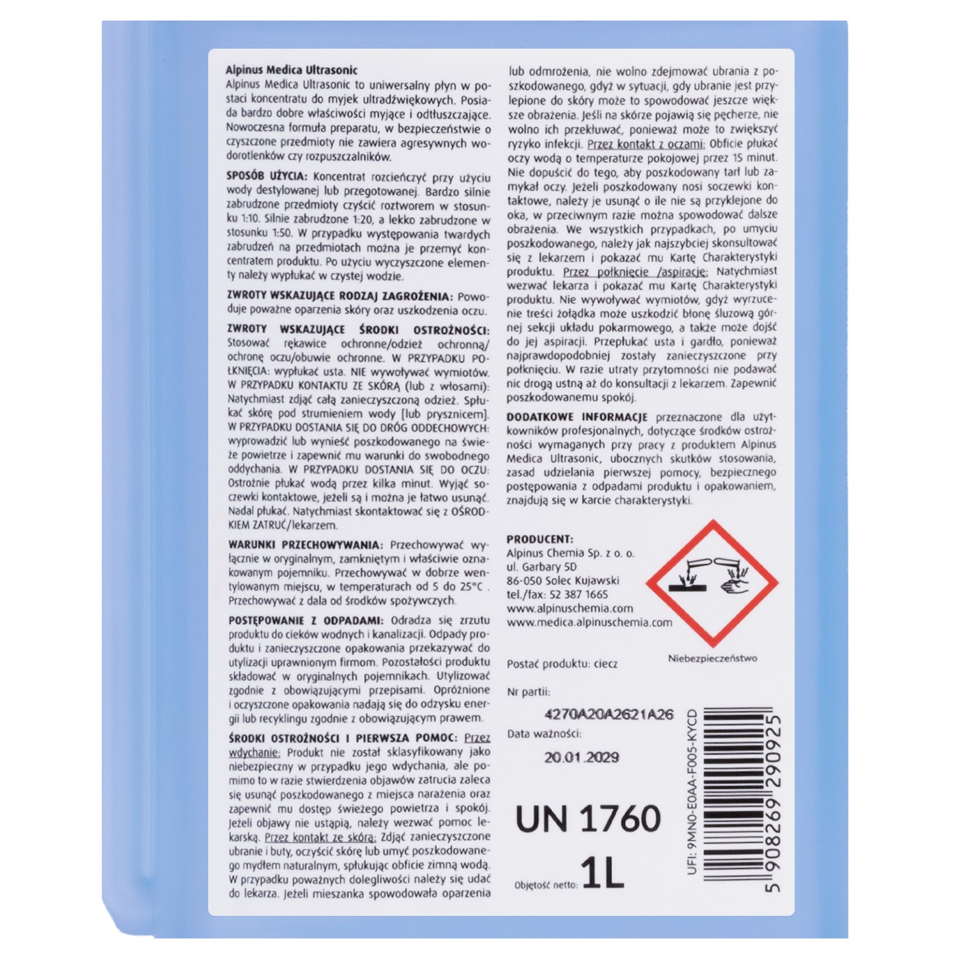 Alpinus Medica Ultrasonic 1L - Koncentrat, płyn do myjek ultradźwiękowych - obrazek 3