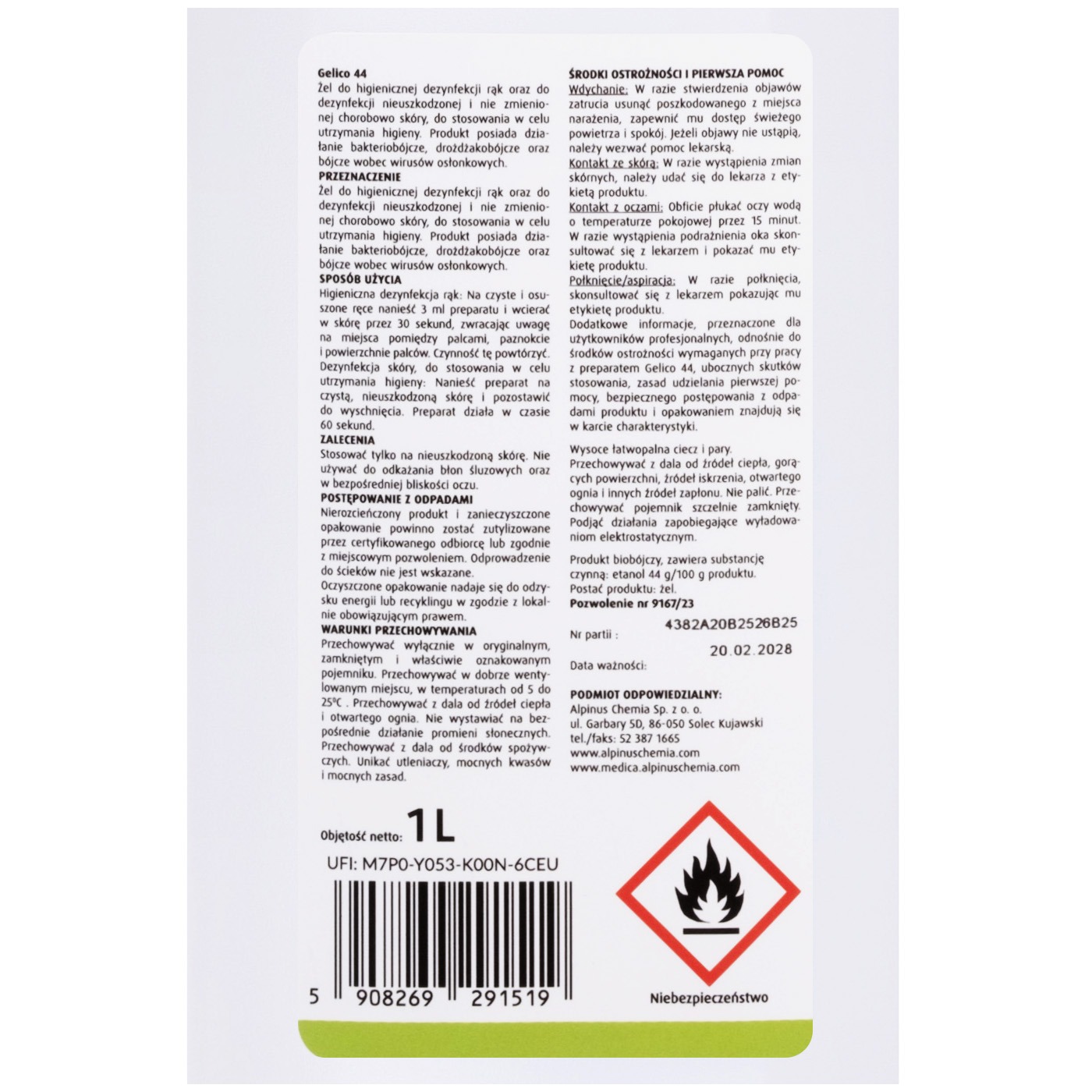 Alpinus Medica Gelico 44 żel do dezynfekcji rąk 1L (z pompką) - obrazek 4