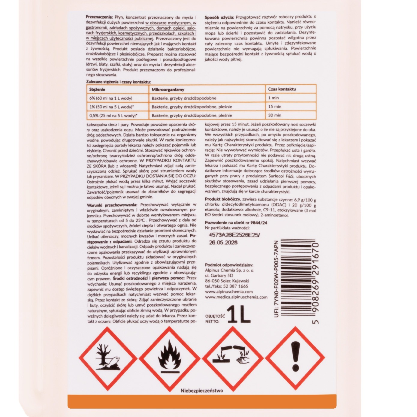Alpinus Medica Surfecol F&S 1L - płyn koncentrat do mycia i dezynfekcji powierzchni i urządzeń - obrazek 3